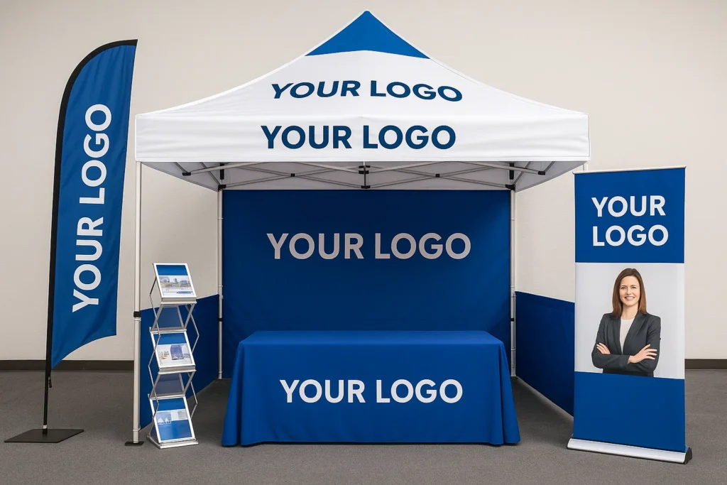 Vollständig ausgestattetes, individuelles Vordachzelt auf einer Messe.