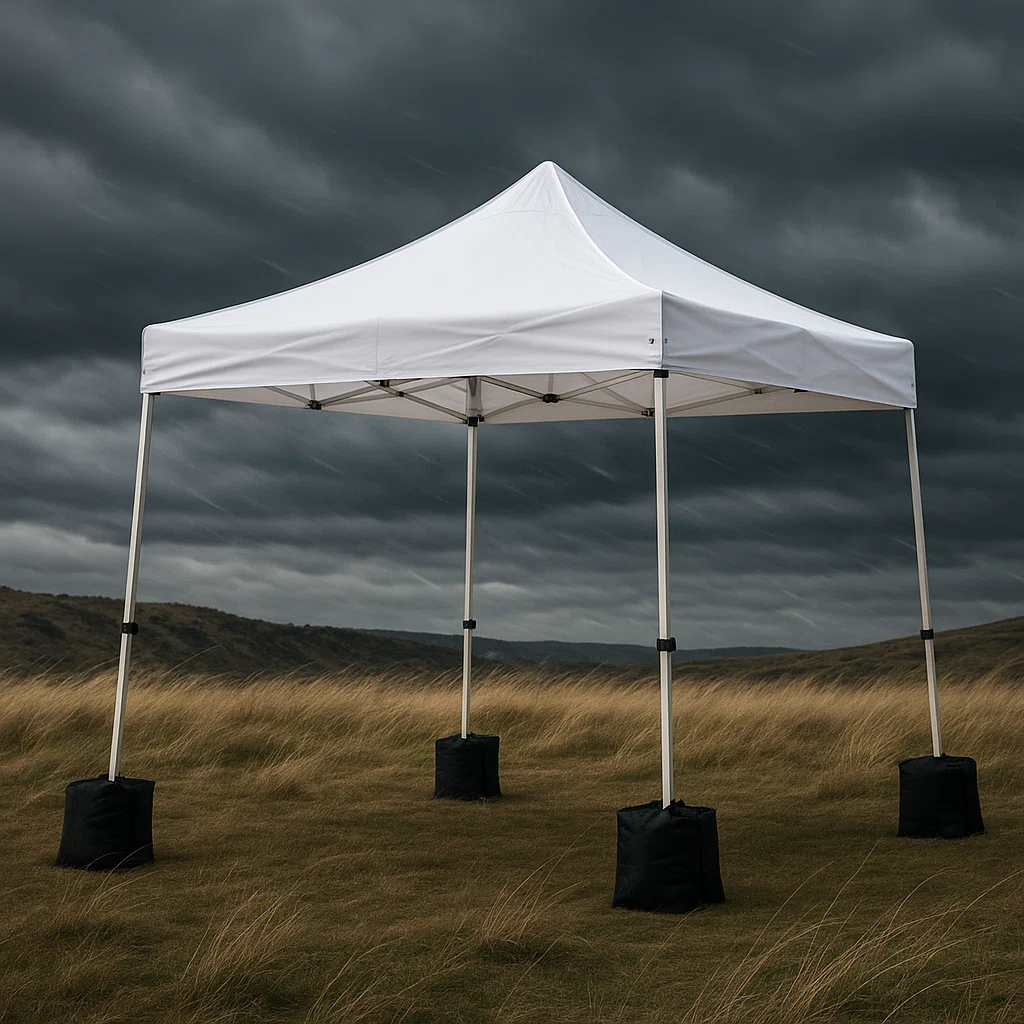 Show a windy outdoor scene with a canopy tent holding strong, weighted down.