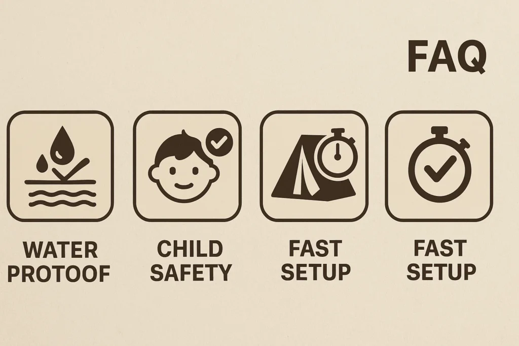 A grid of icons representing camping features like waterproofing, kid safety, and fast setup