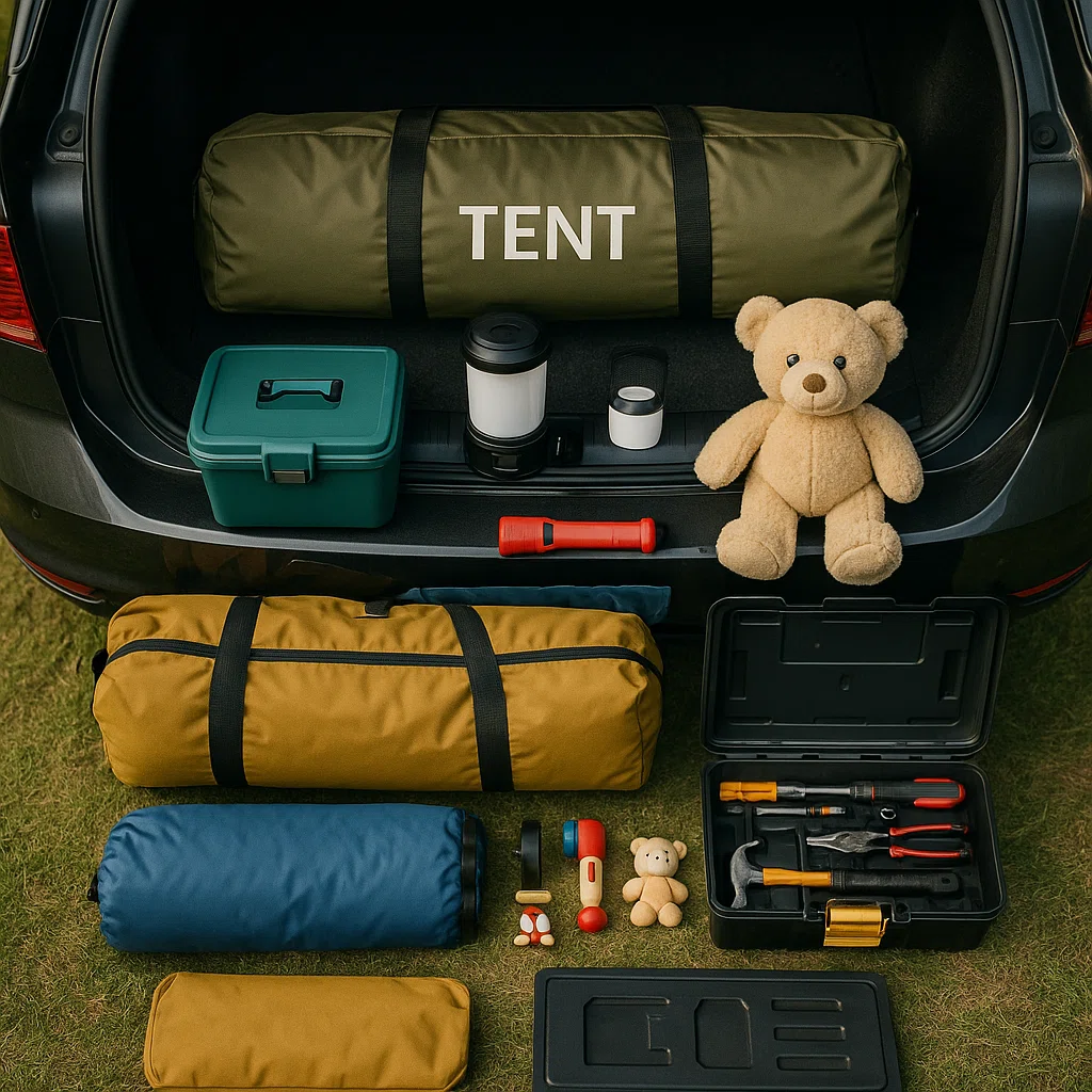 A top-down photo of labeled camping gear packed into a car trunk ready for departure