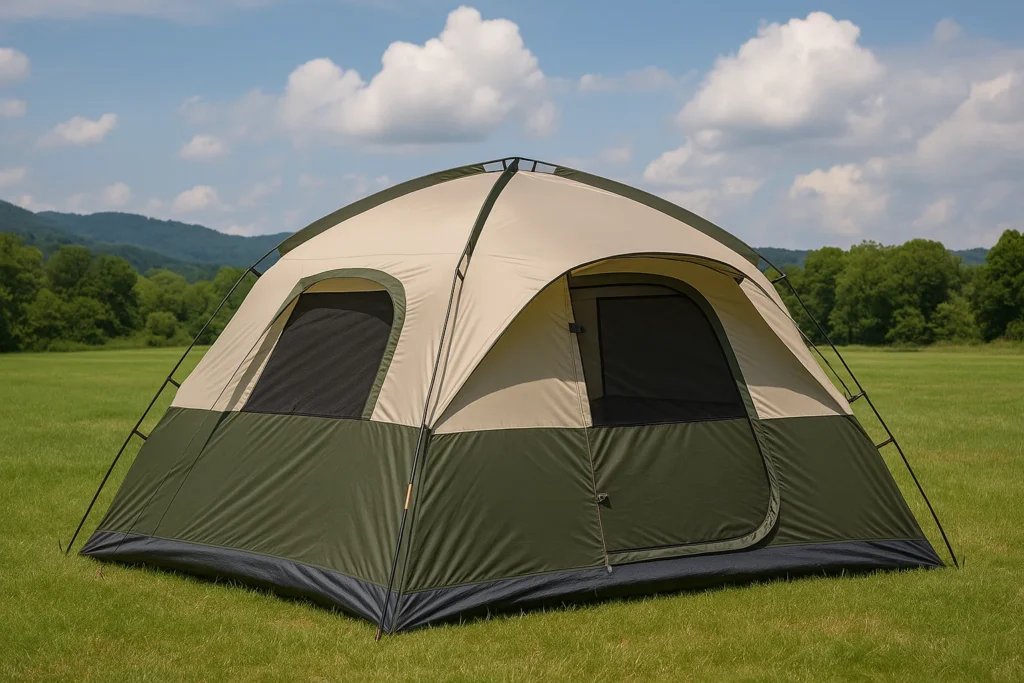 A spacious family camping tent set up on grassy terrain under blue skies