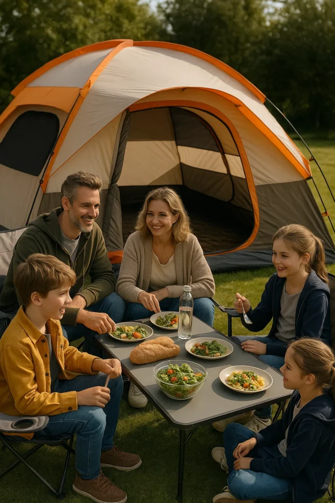 A family of four dining happily outside their tent at a cozy forest campsite