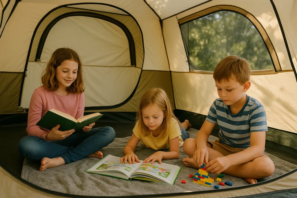 Children reading books and playing games inside a brightly lit family tent