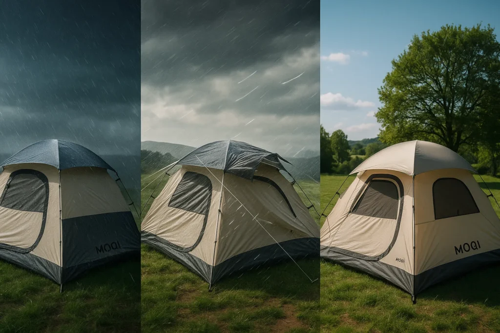 Three images of a MOQI dome tent enduring sun, rain, and wind in outdoor settings