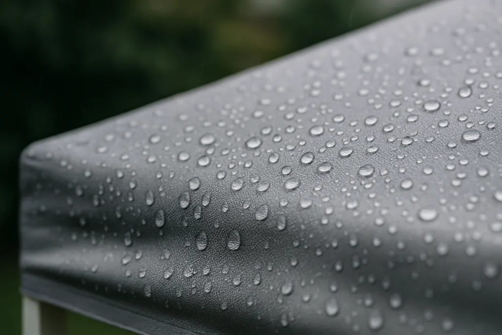600D 涤纶天幕帐篷表面的雨滴特写