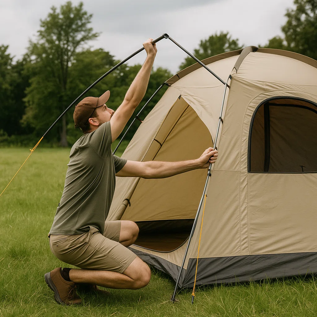 A man setting up a camping tent solo, showing quick and easy installation