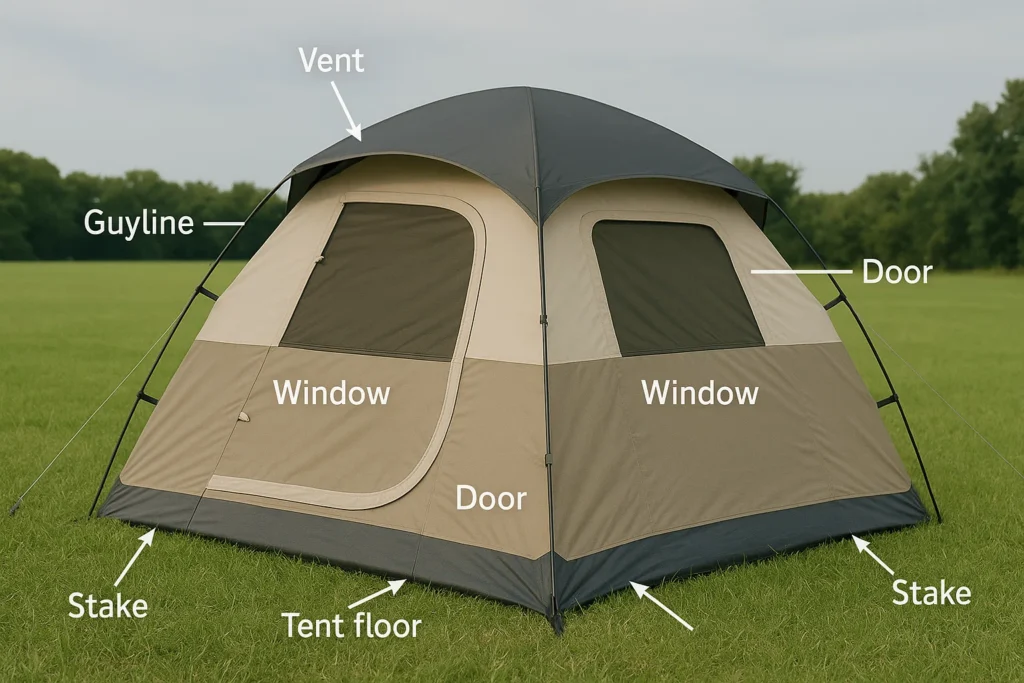 A labeled photo showing tent parts including windows, rainfly, vents, stakes, and poles