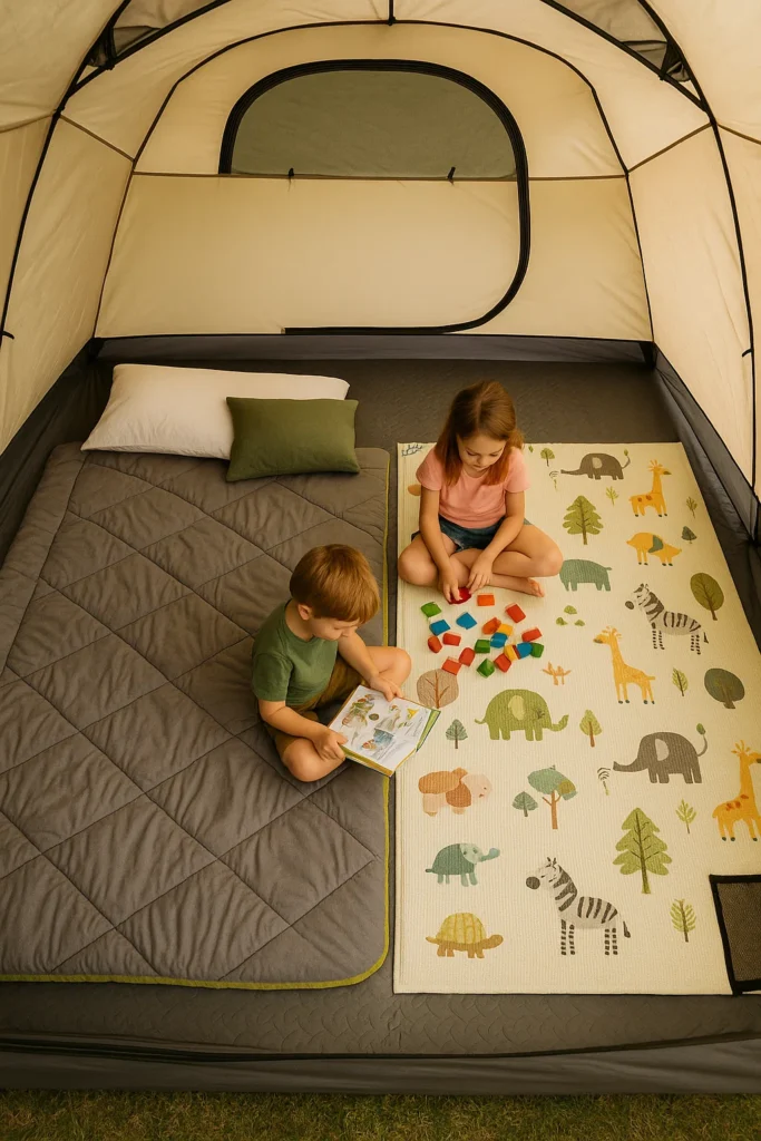 A bird’s-eye photo of a tent interior showing sleep zone, play area, and gear section