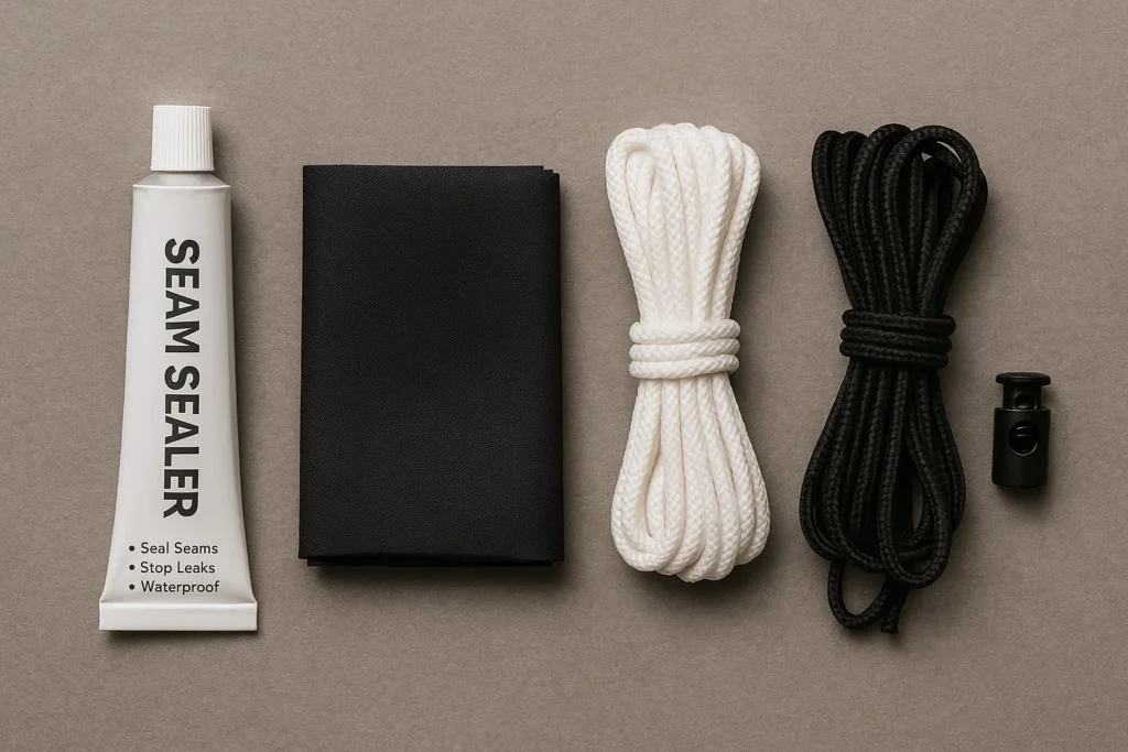 A flatlay image of essential tent repair tools: patches, cords, seam sealer, zipper wax
