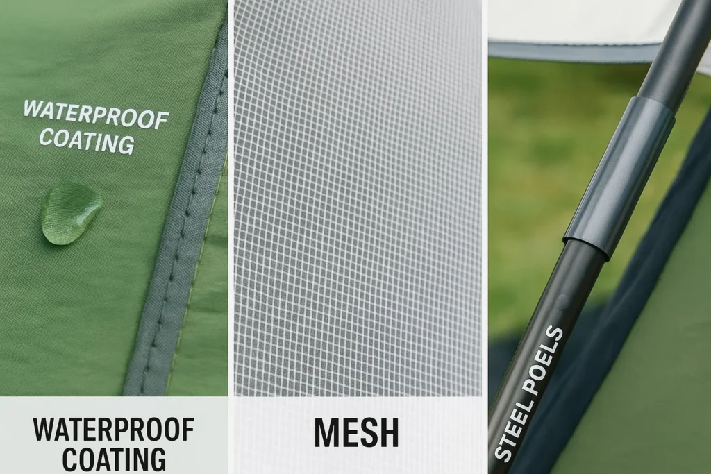 Close-up comparison of waterproof fabric, mesh ventilation, and sturdy pole fittings