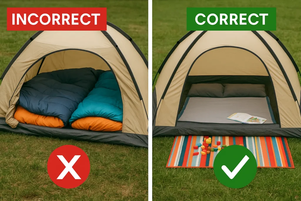 A side-by-side comparison of incorrect and proper tent setup methods