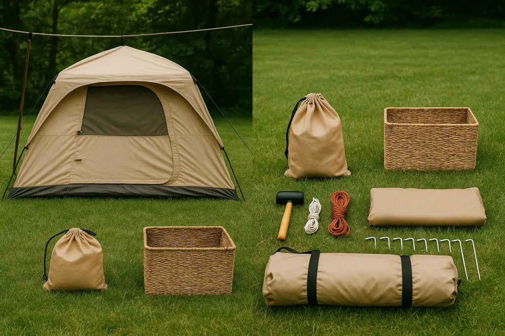Outdoor gear being cleaned, dried, and packed into breathable bags after camping