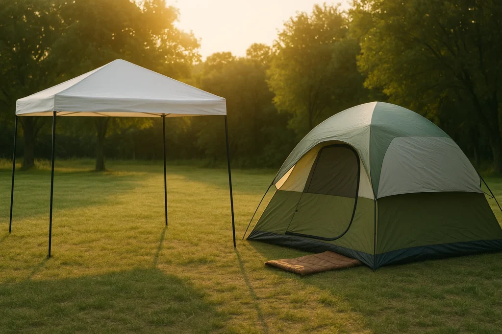 Seite an Seite: offenes Vordach für Schatten vs. geschlossenes Campingzelt für Privatsphäre